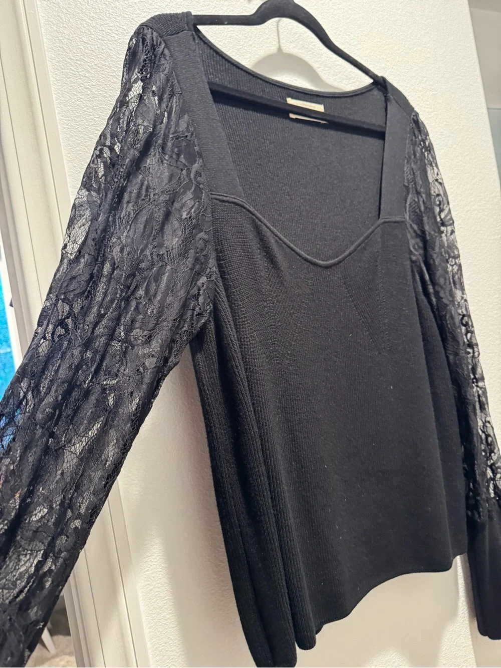 Anthropologie Black Lace-Sleeve Square Neck Long Sleeve Top